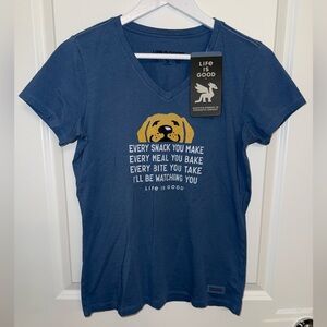 Life Is Good Navy V-Neck Tee with Yellow Dog Graphic